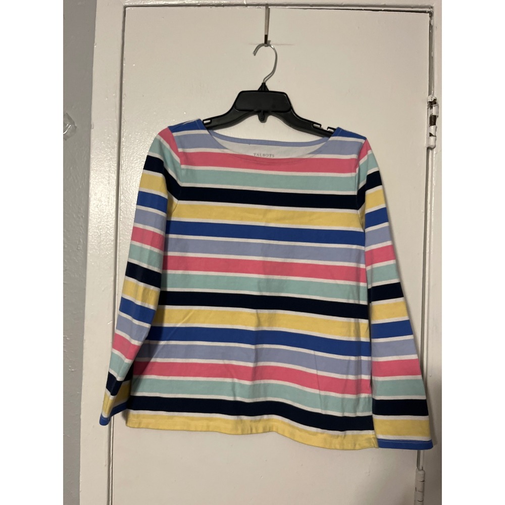 Talbots Petite Multi Color Striped Cotton Long Sleeve Boat Neck Tee LP Pink Blue